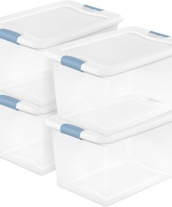 Sterilite 4-Pack 64 Quart Latching Box. Clear Plastic Storage Organizer Bins with White Lids - Large Stackable Containers for Home Bedroom. Dorm Room. and Closet Organization