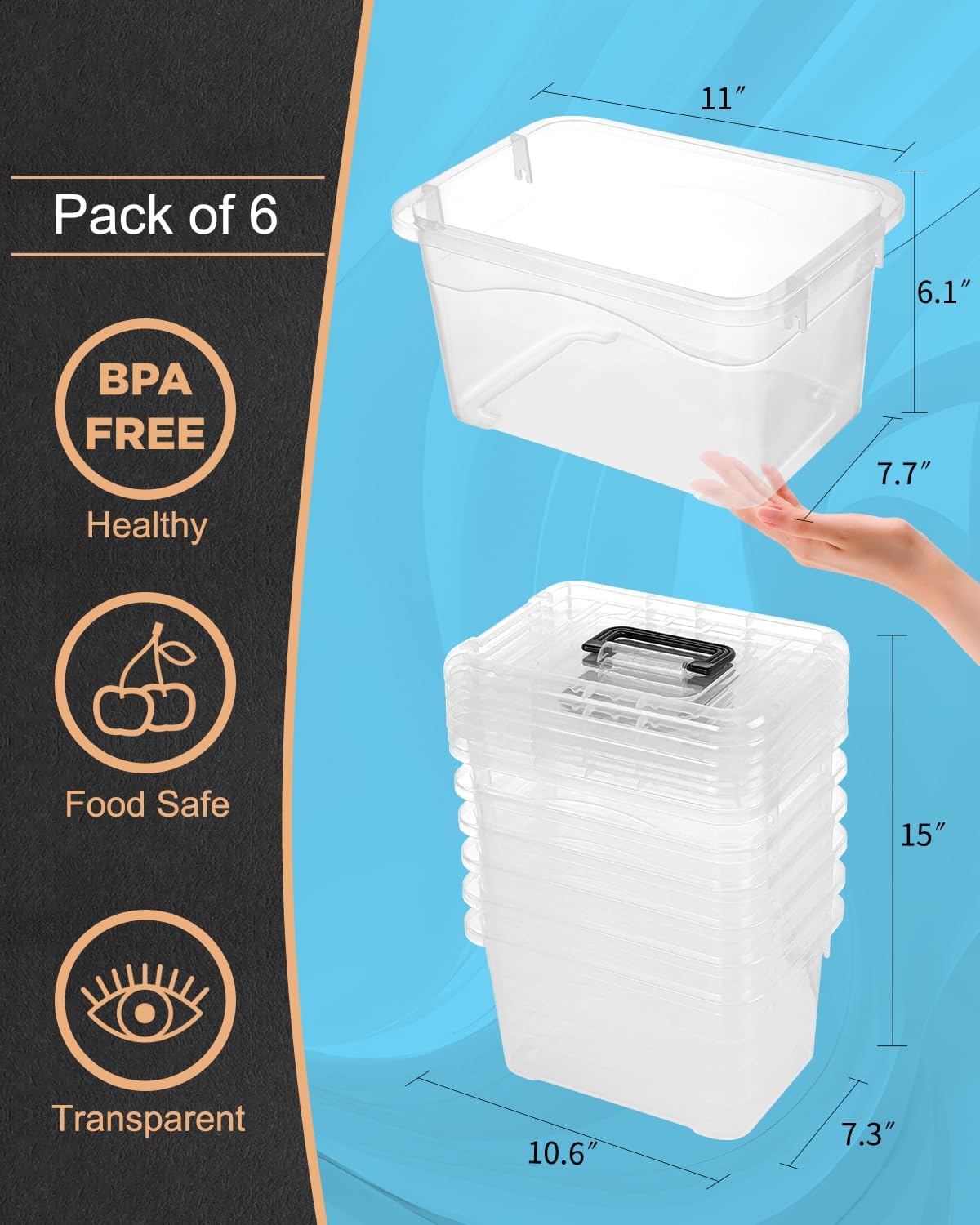 EOENVIVS Plastic Storage Bins with Lids 6 Packs. 7 Quart Storage Organizer Bins with Buckle-Up Latches and Handle. Stackable Storage Containers for Home Pantry Office Classroom Organization. Clear - Image 2