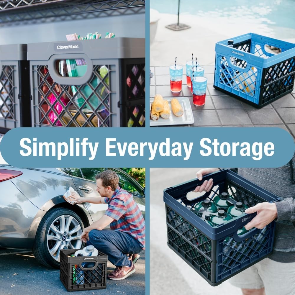 CleverMade Collapsible Milk Crate 25L (6.6 Gal). 50 lb Capacity Heavy Duty Folding Crate – Stackable Storage Crates with File Rails. Plastic Collapsible Crates - Obsidian - Image 4